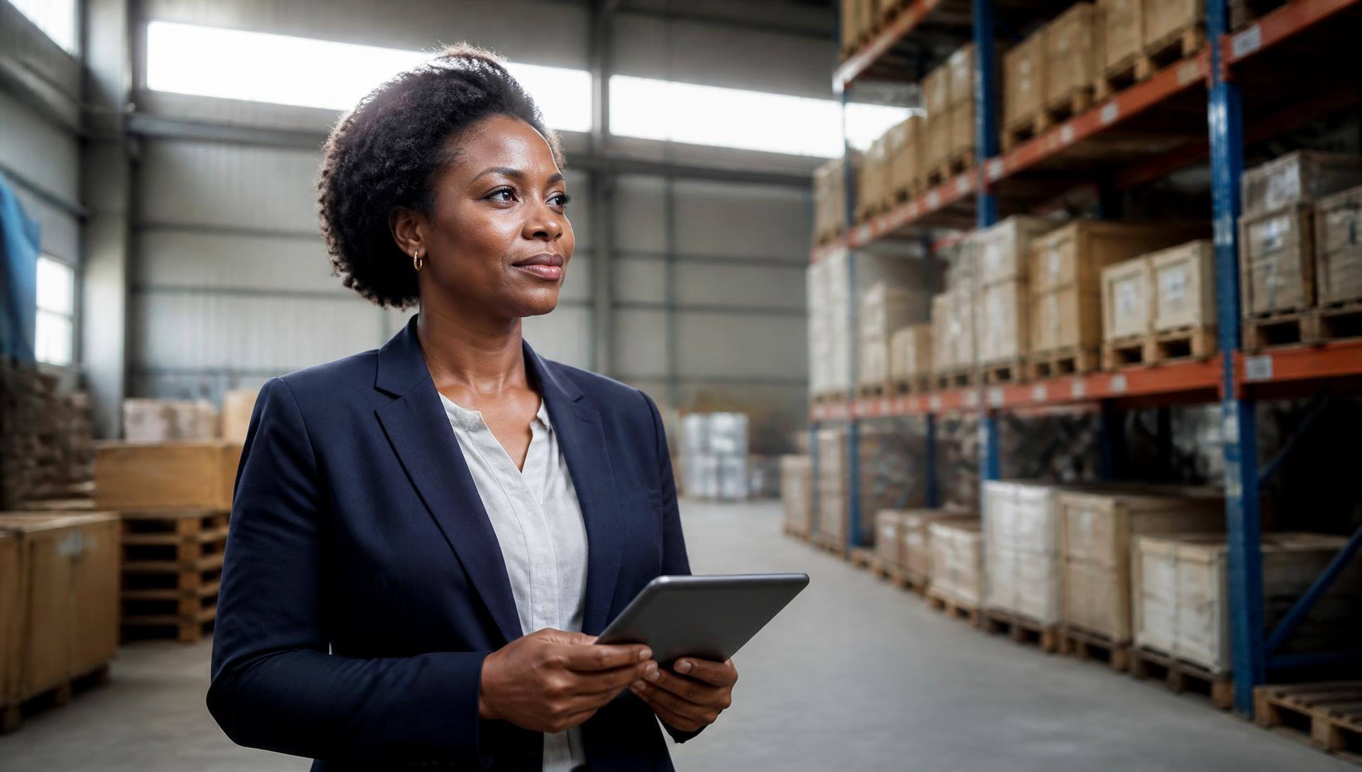 Gestora de procurement a verificar existências num armazém em Angola