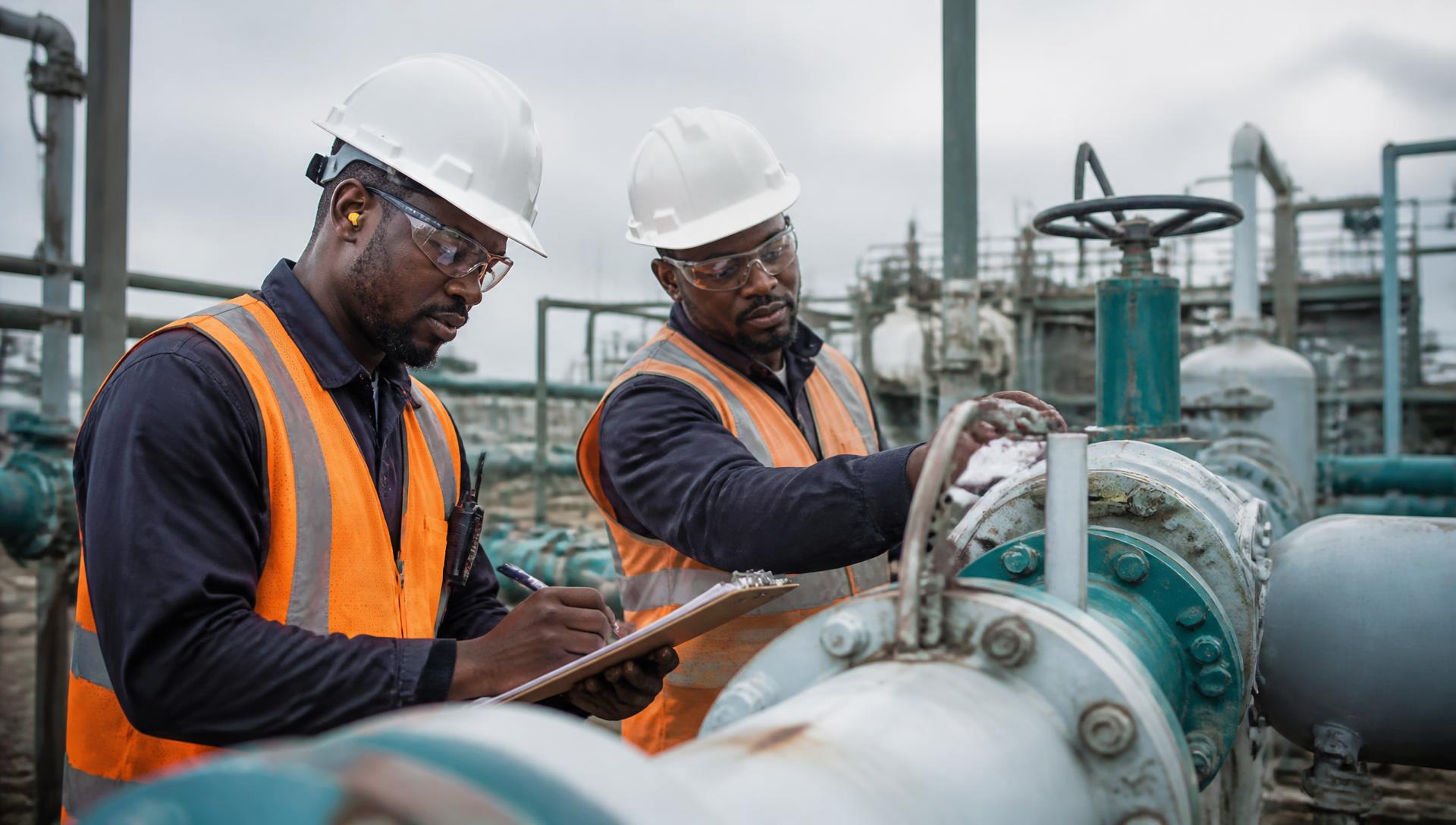 Engenheiros angolanos a inspeccionar tubagens numa instalação de oil & gas